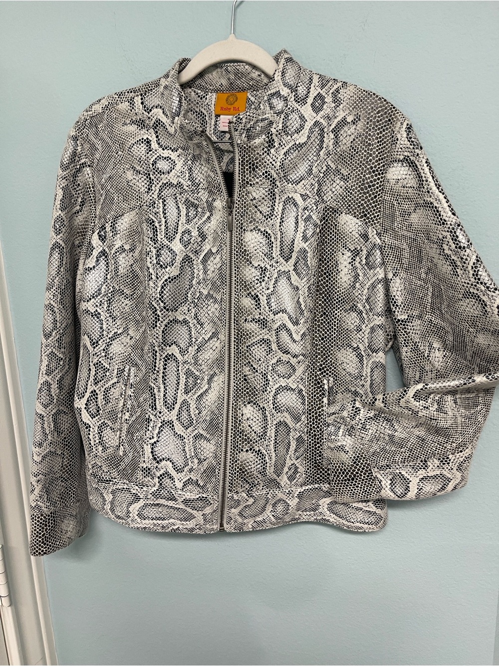 Ruby Rd. Women’s Snake-Print Zip Front Jacket in black and silver
